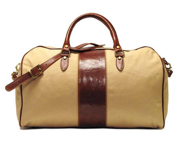 Reisetasche aus beigen Leinen Frontansicht